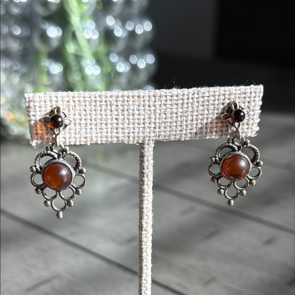 Vintage Sterling Silver Intricate Amber Drop Earrings